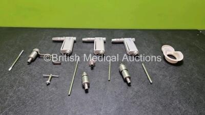 Job Lot Including 3 x ScandiMed 4410 Implant A.B. Handpieces, 1 x Swiss Drill Ref 05.001.253 Attachment 1 x Swis Drill AO / ASI Ref 05.001.250 Attachment, 1 x Swiss Mini Dental 532.011 Attachment, and 1 x Swiss 510.191 Attachment in Metal Tray