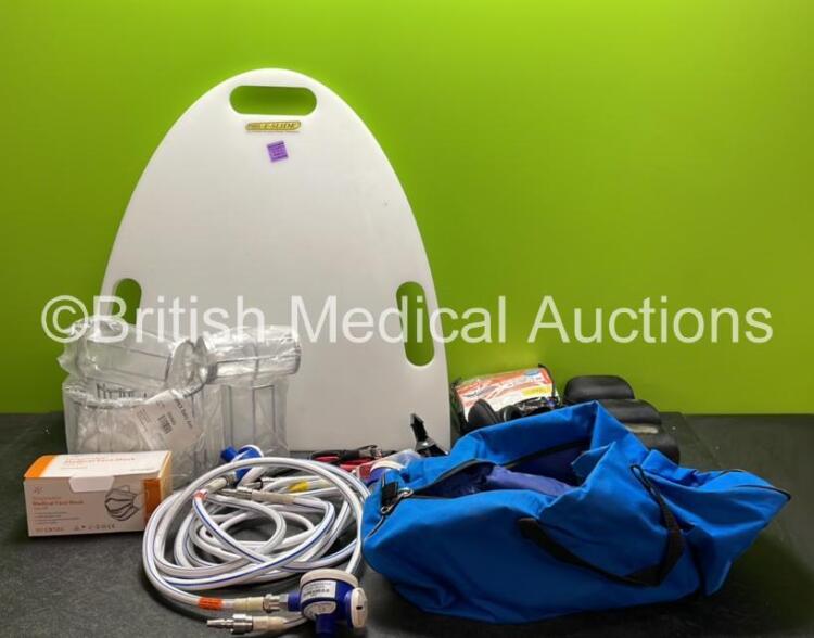 Mixed Lot Including 1 x Phil E Slide Patient Transfer Board, 2 x N20/02 Hose, 40 x Disposable Face Masks, 1 x SAM Pelvic Sling, 4 x Motormax Headphones and 4 x Hartwell Medical Pumps in 2 x Hartwell Carry Bags