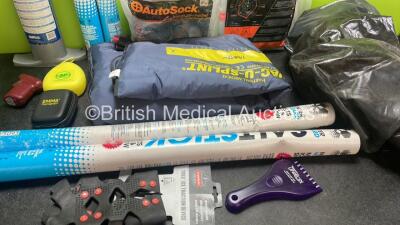 Mixed Lot Including 4 x Salt Sticks, 1 x Bravo Pump, 1 x Face Mask, 1 x EZ-IO Power Driver, 1 x Trex Ice Traction Device, 1 x Ice Scraper, 1 x EMMA Capnograph Carry Case, 2 x Autosock Wheel Traction Aids, 1 x Hartwell Medical Evac U Splint and 2 x Ortlieb - 4