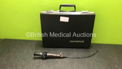 Olympus ENF-GP Rhinolaryngoscope in Case - Engineer's Report : Optical System - 20 Broken Fibers, Angulation - No Fault Found, Insertion Tube - Minor Kinks and Bad Crush Present, Light Transmission - No Fault Found, Leak Check - Excessive Body Leak *26122