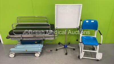 1 x Marsden Wheelchair Weighing Scales, 1 x Sussex Vision Light Box (Powers Up) and 1 x Anetic Aid QA2 Hydraulic Patient Couch with Cushions (Incomplete - See Pictures)