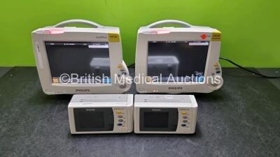 2 x Philips IntelliVue MP30 Patient Monitors (Both Power Up) with 2 x Philips IntelliVue X2 Handheld Patient Monitors Including ECG, SpO2, NBP, Press and Temp Options (Both Power Up) *SN DE037B2734 / DE037B4006 / DE728A9672 / DE72B4317*