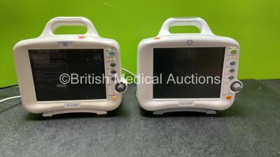 2 x GE Dash 3000 Patient Monitors Including ECG, NBP, CO2, BP1, BP2, SpO2 and Temp/Co Options (Both Power Up) *SN B2DHJ1709G, SBG06025867GA*