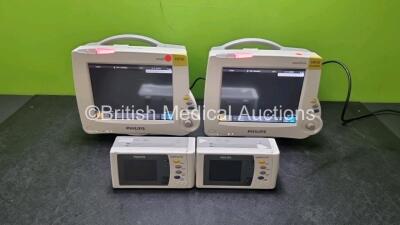 2 x Philips IntelliVue MP30 Patient Monitors (Both Power Up, 1 x with Scratching on Screen - See Photo) with 2 x Philips IntelliVue X2 Handheld Patient Monitors Including ECG, SpO2, NBP, Press and Temp Options (Both Power Up) *SN DE03795229 / DE037A0974 /