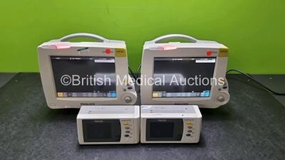 2 x Philips IntelliVue MP30 Patient Monitors (Both Power Up) with 2 x Philips IntelliVue X2 Handheld Patient Monitors Including ECG, SpO2, NBP, Press and Temp Options (Both Power Up) *SN DE037B2620 / DE03794946 / DE728A9646 / DE801C3487*