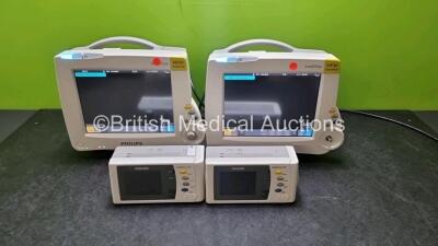 2 x Philips IntelliVue MP30 Patient Monitors (Both Power Up 1 x with Missing Dial) with 2 x Philips IntelliVue X2 Handheld Patient Monitors Including ECG, SpO2, NBP, Press and Temp Options (Both Power Up) *SN DE037794594 / DE575R5157 / DE728B4224 / DE728B