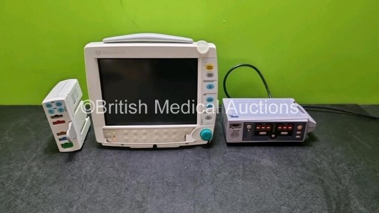 Job Lot Including 1 x GE F-FM-00 Patient Monitor (Draws Power) with 1 x GE E-PSMP-00 Modules Including ECG, SpO2, NIBP, P1, P2, T1 and T2 Options and 1 x Nellcor Oximax N-560 Pulse Oximeter (Powers Up) *SN 6635485 / 6670458 / 011114030132*