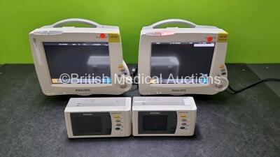 2 x Philips IntelliVue MP30 Patient Monitors (Both Power Up) with 2 x Philips IntelliVue X2 Handheld Patient Monitors Including ECG, SpO2, NBP, Press and Temp Options (Both Power Up) *SN DE037B2673 / DE037C3939 / DE728A2004 / DE728B4311*