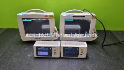 2 x Philips IntelliVue MP30 Patient Monitors (Both Power Up) with 2 x Philips IntelliVue X2 Handheld Patient Monitors Including ECG, SpO2, NBP, Press and Temp Options (Both Power Up) * DE03795248 / DE03795035 / DE728B3742 / DE728A9880*