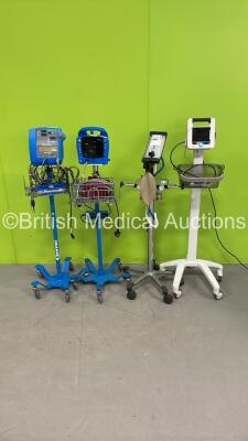 GE Dinamap Procare Vital Signs Monitor on Stand with Selection of Leads, 1 x GE Dinamap Pro 300V2 Vital Signs Monitor on Stand with Selection of Leads, 1 x Quantiflex MDM O2/NO2 Mixer on Stand and 1 x SunTech CT40 Patient Monitor on Stand (All Power Up)