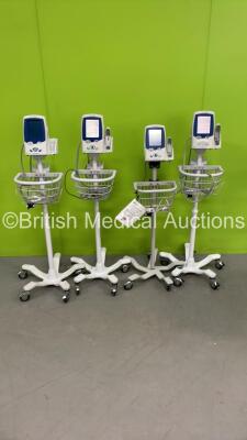 4 x Welch Allyn Spot Vital Signs LXi Monitors on Stands with Power Supplies (All Power Up with 1 x Loose Display Cover)