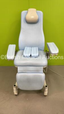 Givas Electric Patient Chair with Controller and Spare Arm Cushions (Powers Up with Minor Rear Base Damage - See Photo)