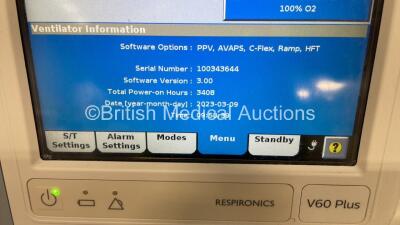 Philips Respironics V60 Plus Ventilator on Stand Software Version 3.00 - Total Power on Hours 3408 (Powers Up) *S/N 100343644* - 2