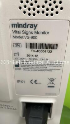 1 x Mindray VS-800 Vital Signs Monitor on Stand (Powers Up - Damaged) and 1 x Mindray VS-900 Vital Signs Monitor on Stand (Powers Up - Damaged) - 7