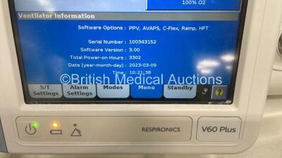 Philips Respironics V60 Plus Ventilator on Stand Software Version 3.00 - Total Power on Hours 3302 (Powers Up) *S/N 100343152* - 2