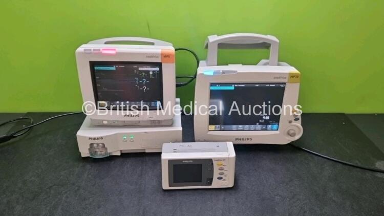 Job Lot Including 1 x Philips IntelliVue MP5 Patient Monitor Including ECG, NIBP, SpO2 Options, 1 x Philips IntelliVue MP30 Patient Monitor, 1 Philips IntelliVue X2 Handheld Patient Monitor Including ECG, SpO2, NIBP, PRESS and TEMP Options and 1 x Intell