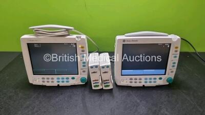 Job Lot Including 2 x GE Datex-Ohmeda F-FMW-00 Patient Monitors (Both Power Up, 1 x with Damage to Casing and Light Cover Missing - See Photos) and 2 x E-PSM-00 Including ECG, SpO2, NIBP, T1, and T2 Options *SN 6481013 / 6481011 / 6490234 / 6490228*