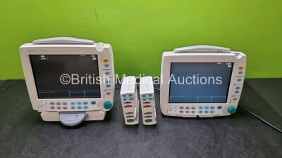 Job Lot Including 1 x GE Type F-FM-00 Patient Monitor, 1 x GE Type F-FM-01 Patient Monitor with 1 x Quick Mount (Both Power Up 1 x with Damage to Casing - See Photo) and 2 x GE Type E-PSMP-00 Module with ECG, SpO2, P1, P2, T1, T2 and NIBP Options *SN 6706