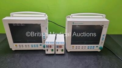 Job Lot Including 1 x GE Datex Ohmeda F-CM1-04 Anaesthesia Monitor, 1 x GE Datex Ohmeda F-CM1-03 Anaesthesia Monitor with 2 x Type E-PRESTN-00 Module Including ECG, SpO2, T1, T2, P1, P2 and NIBP Options (Both Power Up, Both with Damage to Casing - See P