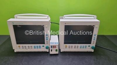 Job Lot Including 1 x GE Datex Ohmeda F-CM1-05 Anaesthesia Monitor, 1 x GE Datex Ohmeda F-CM1-03 Anaesthesia Monitor with 2 x Blank Module and 1 x Type E-PRESTN-00 Module Including ECG, SpO2, T1, T2, P1, P2 and NIBP Options (Both Power Up, Both with Dama