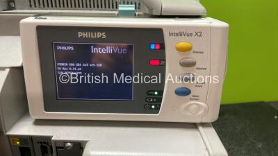 Job Lot Including 1 x Philips IntelliVue MP50 Patient Monitor with 1 x Philips IntelliVue X2 Handheld Patient Monitor Including ECG, SpO2, NBP, Temp and Press Options with 1 x Philips M4607A Battery - 4