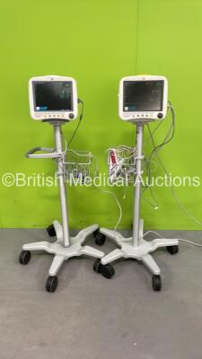 2 x GE DASH 4000 Patient Monitors on Stands with BP1/3, BP2/4, SPO2, Temp/Co, CO2, NBP and ECG Options with Various Leads (Both Power Up) *DSH05358902GA / SD010491508GA*