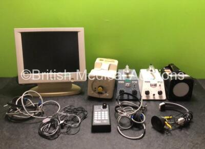 Job Lot Including 2 x Peters AP22 Frequency Analyzers, 2 x Meg Instrumentation Audio Meters, 1 x Parrot Speech Tester, 3 x Telephonics Headphones and 1 x Taxan Color LCD Monitor