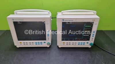 Job Lot Including 2 x GE Datex Ohmeda F-CM1-03 Anaesthesia Monitors with 2 x Blank Modules and 1 x Type E-PRESTN-00 Module Including ECG, SpO2, T1, T2, P1, P2 and NIBP Options (Both Power Up, Both with Damage to Casing - See Photos , Module Clip Damaged,