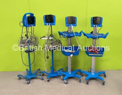 4 x GE Dinamap V100 Patient Monitors on Stands with Various Leads (All Power Up) *SN SH615285875SA / SH619100170SA / SH612490336SA / 2019194-001*