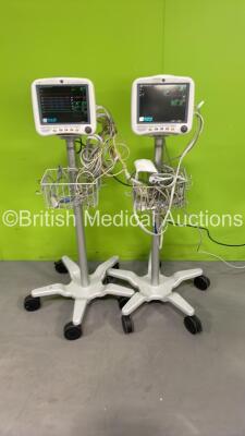 2 x GE DASH 4000 Patient Monitors on Stands with BP1/3, BP2/4, SPO2, Temp/Co, CO2, NBP and ECG Options with Various Leads (Both Power Up) *SD011133477SA / ABG06025955GA*