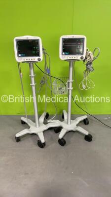 2 x GE DASH 4000 Patient Monitors on Stands with BP1/3, BP2/4, SPO2, Temp/Co, CO2, NBP and ECG Options with Various Leads (Both Power Up) *SD011133648SA / SD009306618GA*