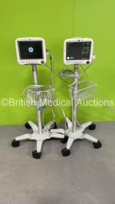 2 x GE DASH 4000 Patient Monitors on Stands with BP1/3, BP2/4, SPO2, Temp/Co, CO2, NBP and ECG Options with Various Leads (Both Power Up) *DSH05369074GA / SD011133481SA*