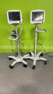 2 x GE DASH 4000 Patient Monitors on Stands with BP1/3, BP2/4, SPO2, Temp/Co, CO2, NBP and ECG Options with Various Leads (Both Power Up) *SD010481279GA / SD00808793GA*