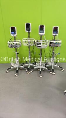 4 x Mindray VS-800 Patient Monitors on Stands with Various Leeds (All Power Up) *SN BY99115150, BY99115135, BY82104372, BY99115130*