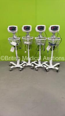 4 x Welch Allyn 53N00 Patient Monitors on Stands with AC Power Supplies and Various Leads (All Power Up) *SN JA125959, JA122921, JA125974, JA125962*