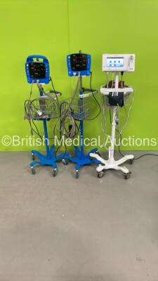 Job Lot of Monitors on Stands Including 2 x GE V100 Patient Monitors and 1 x Welch Allyn Connex Spot Monitor with Various Leads (All Power Up) *SN 100092303216, SH1612490347SA, 2019194-001*