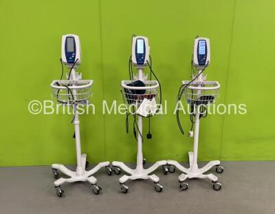 3 x Welch Allyn Spot Vital Signs Monitors on Stands with NIBP Hoses, BP Cuffs and SpO2 Finger Sensors (All Power Up) *SN NA*