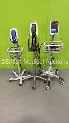 Job Lot of Monitors on Stands Including 2 x Welch Allyn Spot Vital Signs Monitors and 1 x Mindray VS-800 Patient Monitor with Various Leads (All Power Up) *SN BY99115148, 200802404, NA*