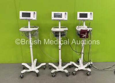 3 x Welch Allyn Connex Spot Monitors with NIBP Hoses and BP Cuffs on Stands (1 Powers Up, 2 No Power with Damaged Screen-See Photo) *SN 100020930916, 100037701416, 100007223616*