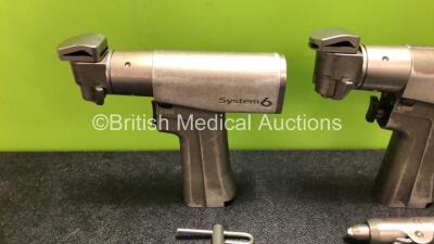 2 x Stryker System 6 6208 Sagittal Saw Handpieces with 1 x Stryker 4100-62 Wire Collet and 1 x Chuck Key (1 x Damaged Trigger - See Photos) *SN 1307007953 / 1329705353* - 2