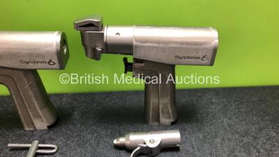 2 x Stryker System 6 6208 Sagittal Saw Handpieces with 1 x Stryker 4100-62 Wire Collet and 1 x Chuck Key (1 x Damaged Trigger - See Photos) *SN 1307007953 / 1329705353* - 3