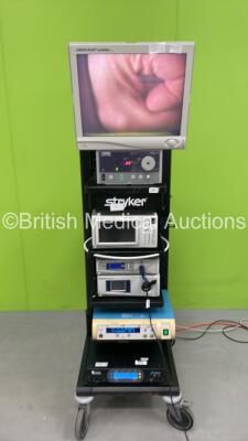 Stryker Stack Trolley Including Vision Elect HD Monitor, Karl Storz 201320 20 Xenon 175 Light Source, Stryker 1188HD Camera, Stryker SDC Ultra HD Information Management System **Powers Up with Blank Screen and Damage-See Photos** Stryker L9000 LED Light S