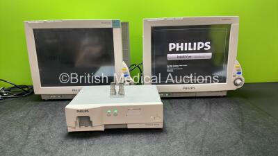 Job Lot Including 2 x Philips IntelliVue MP70 Patient Monitors (Both Power Up, 1 with Missing Model Tag-See Photo) 1 x Philips IntelliVue G5 M1019A Gas Module (Powers Up Missing Water Trap) *SN DE73165651, DE843B4688, ASBF-0209*