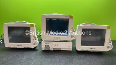 3 x Philips MP30 Patient Monitors with 1 x Philips IntelliVue G5 M1019A Gas Module Including Water Trap (All Power Up, 1 Monitor with Blank Screen and Warning Light-See Photos) *SN DE72877710, DE728A0509, ASBF-0138, DE7280512*