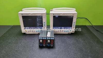 Job Lot Including 2 x GE Datex Ohmeda F-CM1-00 Patient Monitors (Both Power Up Faceplates and Software in Danish) 1 x with Missing Dial and 1 x with Damage to Casing - See Photos) with 3 x M-NESTPR Multi Parameter Modules Including NIBP, P1, P2, T1, T2, E