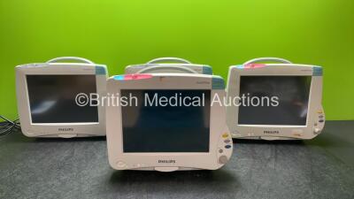 4 x Philips IntelliVue MP50 Anaesthesia Monitors (All Power Up, 1 with Missing Dial-See Photo) *SN DE82079020, DE82079014, DE82099114, DE82099087*