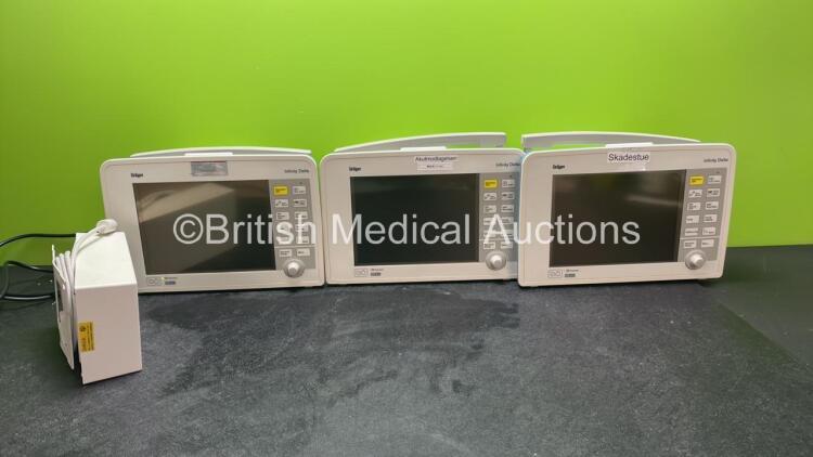 3 x Drager Infinity Delta Patient Monitors with HemoMed 1, Aux/Hemo 2, Aux/Hemo 3, NBP Options and 1 x Power Supply (All Power Up Faceplates and Software In Danish) *SN 5395535954,5395491760, 5395522264*