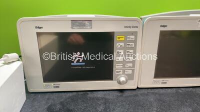 3 x Drager Infinity Delta Patient Monitors with HemoMed 1, Aux/Hemo 2, Aux/Hemo 3, NBP Options and 1 x Power Supply (All Power Up Faceplates and Software In Danish) *SN 5395535954,5395491760, 5395522264* - 2