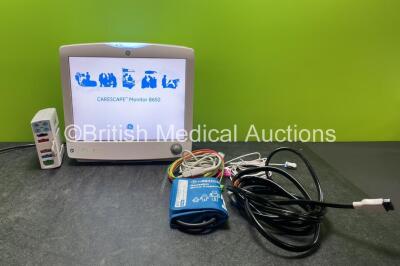 GE Carescape B650 Touch Screen Patient Monitor *Mfd 11-2013* with 1 x GE Type E-PSMP-01 Module Including ECG, P1/P3, P2/P4, SpO2 and NIBP Options *Mfd 2013* 1 x 3 Lead ECG Lead, 1 x SpO2 Finger Sensor, 1 x BP Cuff, 1 x NIBP Hose (Powers Up) *SN 6101746, S