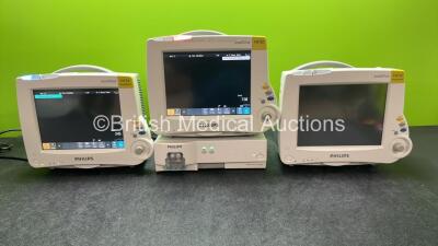 3 x Philips MP30 Patient Monitors with 1 x Philips IntelliVue G5 M1019A Gas Module Including Water Trap (All Power Up) *SN DE72877690, DE72899728, ARXD-0102, DE72877720, DE72899728*